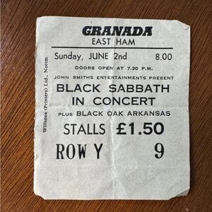 Black Sabbath ozzy  Ticket June 2nd 1974  Granada East Ham London , England